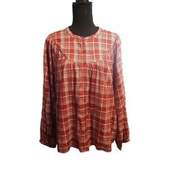 Madewell Tops | Madewell Red Plaid Peasant Button Up Blouse Women Size Large | Color: Red | Size: Large