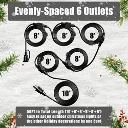 50 Ft Outdoor Extension Cord, Evenly Spaced 6 Outlets Plugs, 16/3 Sjtw Multiple Outlets Wire For Landscaping Light, Holiday Decoration And Christmas, Black And Green