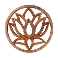 One Lotus,'Lotus-Themed Round Suar Wood Relief Panel from Bali'