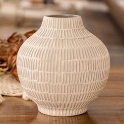 'Hand-Painted Textured Ceramic Vase in Ivory and Grey'