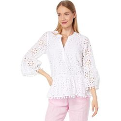 Lilly Pulitzer Tops | Lilly Pulitzer White Eyelet Pom Pom Bekah 3/4 Sleeve Top Size: M Nwt | Color: White | Size: M