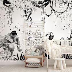 Carta da parati panoramica circo della giungla bianco e nero 255x250cm