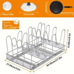 1 Pcs Pots And Pans Organizer Under Cabinet, Pot And Pan Organizer With 10 Adjustable Dividers, Universal, Pull Out Cabinet Organizer For Pot Lid Cutting Board Bakeware Tray, 11" W*17.5" D*8.3" H