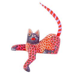 Lounging Cat in Red,'Mexican Wood Alebrije Figurine'