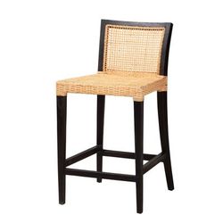 Lingga Modern Bohemian Dark Brown Mahogany Wood And Natural Rattan Counter Stool by Baxton Studio in Dark Brown Mahogany