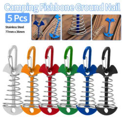 5 Pcs Spring Fishbone Deck Pegs Tent Stakes Awning Anchor Wind Rope Buckle with Carabiner Deck Fixed Nails Camping Tent Hooks