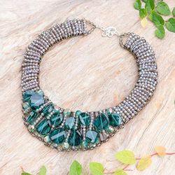 Bewitched Night,'Steel and Glass Beaded Choker Necklace in Turquoise Hues'