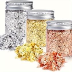 TEMU 3 Bottles, 9g Each, Golden, Silvery, And Rose Flakes - Metallic Leaf Schabin For Nails, Painting, Crafts, Slime, And Resin Jewelry Making