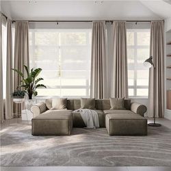 113.78" Roll Arm Modular Sofa with 2 Ottomans, Deep Seat Couch, Anti-scratch and Water-proof, Khaki
