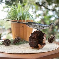 'Wood Sculpture of Narwhal Whale with Mushroom-Shaped Base'