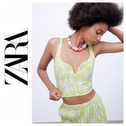 Zara Tops | Nwot Zara Green Floral Printed Pleated Crop Top, Size Small | Color: Green/Pink | Size: S