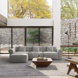 113.78" Roll Arm Modular Sofa with Ottoman, Deep Seat Couch, Anti-scratch and Water-proof, Living Room Sofa,Fabric, Light Gray