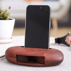 'Hand-Carved Minimalist Oval Mahogany Wood Phone Speaker'