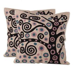 Cheery Tree,'Black Tree Embroidered Cotton Cushion Covers (Pair)'