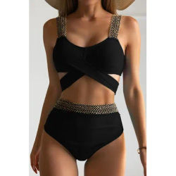 Maillots de bain noirs à bretelles taille haute pour femmes 2026 – Maillot de bain uni à bandage pour la plage et la natation