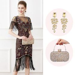 Anni Ruggenti Anni 1920 Lunghezza al ginocchio Abito Flapper Abiti Maniche corte Il grande Gatsby Invitato al matrimonio Paillettes Frangia con nappe Scollo Tondo Costume Per donna Natale Carnevale