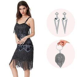 Anni Ruggenti Anni 1920 Lunghezza al ginocchio Abito Flapper Abiti Senza maniche Il grande Gatsby Invitato al matrimonio Paillettes Frangia con nappe Scollo a V Costume Per donna Natale Carnevale