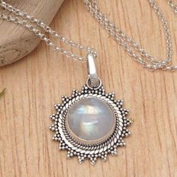Sunday Moon,'Sun-Themed Natural Rainbow Moonstone Pendant Necklace'