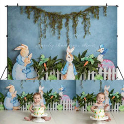 Bunny Easter Backdrops Birthday Cake Smash Adult Photography Props Baby Child Photocall Decor Wooden Fence Green Vine Background