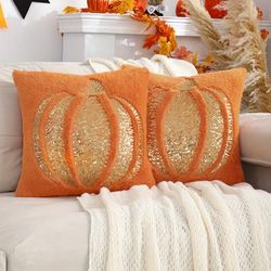 TEMU 2pcs Pumpkin Plush Throw Pillow Covers With Sequin Embroidery, 18x18 Inches - Autumn & Winter Home Decor