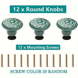 TEMU 12pcs Elegant Turquoise Ceramic Cabinet Knobs With - Polished Alloy Base, Includes Mounting Screws For Dressers, Drawers & Doors