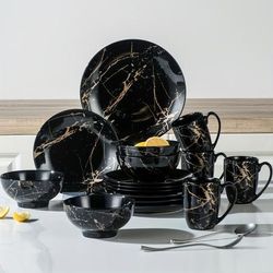 TEMU Black Plates And Bowls Sets For 4, Porcelain Dinnerware Sets 16 Piece Gold Splash Glaze Ceramic Dish Set, Round Dinner Set With Mugs, Dishwasher Microwave Safe