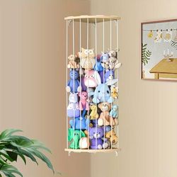 TEMU Wooden Stuffed Animal Hanging Hamper, Round Soft Toy Storage Organizer, Adjustable Height Plush Holder For Nursery & Playroom - Wall-mounted Corner Display For Children 14+