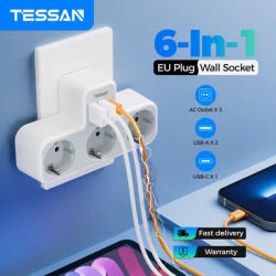 TESSAN EU Plug Power Strip with 3 AC Outlets +2 USB Ports+ 1 Type C, 6-in-1 Plug Socket Adapter Wall Charger for Home Office