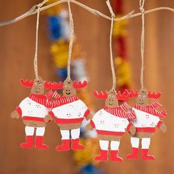 Smiley Moose,'4 Hand-Painted Wood Moose Christmas Ornaments from Bali'