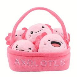 TEMU Axolotl Plush Toy Basket - Molutian Soft Stuffed Animal Set, Cartoon Video Game Themed Plushies, Ideal For Babies & Toddlers 0-3 Years, Birthday, Christmas Gifts