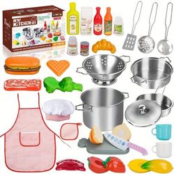 TEMU 37pcs Pretend Play Kitchen Accessories, Kids Kitchen Playset Stainless Pots And Pans Sets For Kids, Apron & Chef Hat, Cooking Utensils, Play Food, For Christmas, Gift