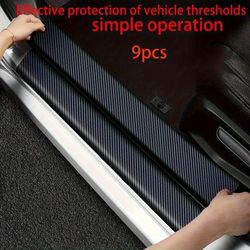 TEMU 9pcs Vehicle Door Sill Protector Set - Rubber Carbon Fiber Vinyl Stickers, Durable Entry Guards For Car Protection