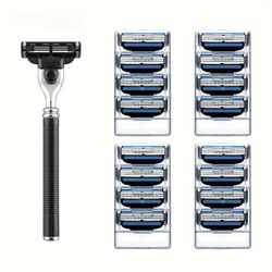 TEMU Manual Metal Safety Razor 1 Handle+16 Blades, 3-layer Blade Razor, Anti Slip Handle, Replacement Blade, Shaving Tool Father's Day Gift