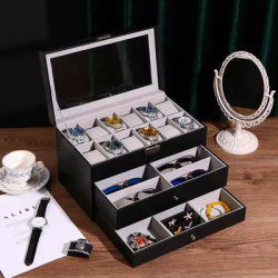 Boîte pour montre, lunettes et lunettes de soleil en cuir noir à 3 couches, avec tiroir d'exposition de bijoux, étui à boucle en métal, organisateur