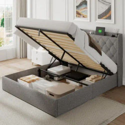 Queen Lift Up Storage Bed Frame, Button Tufted Wingback Headboard with Outlets & Type A/C Ports,