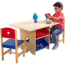 KidKraft Wooden Star Table & Chair Set with 4 Storage Bins, Children's Furniture – Red, Blue &