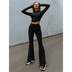 Rockmore Set di due pezzi tuta da donna Yoga maglia cuciture Basic Crop Top Skinny Flare Pants Suit