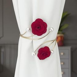 TEMU 1pc Vintage Style Shaped Curtain Tieback, Metal And Polyester Curtain Clip With Pearl Accents, Decorative Floral Window Holder For Home Decor, Curtains For Living Room