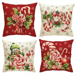 TEMU Festive 4pcs Christmas Candy & Snowman Throw Pillow Covers - Zippered, Machine Washable, 18x18 Inches - Living Room, Bedroom, And Outdoor Spaces