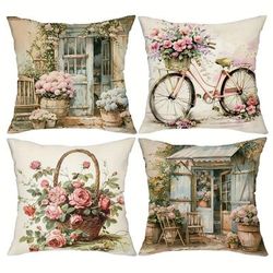 TEMU Set Of 4, Autumn Farmhouse Flower Decorative Throw Pillow Covers 18x18 Inch Fall Floral Leaves Pillow Covers Linen Cushion Case Fall Decor For Home Sofa Bed