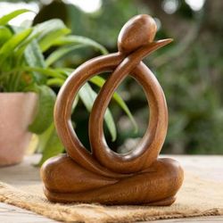 'Modern Hand-Carved Suar Wood Sculpture of Abstract Person'