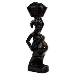 Ahokeka,'Ebony Wood Sculpture of Akan Woman with Fruit Basket'