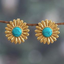 'Sunflower-Themed Brass and Recon Turquoise Button Earrings'