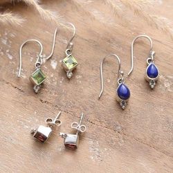 Charming Three,'Set of 3 Peridot, Garnet and Lapis Lazuli Earrings'