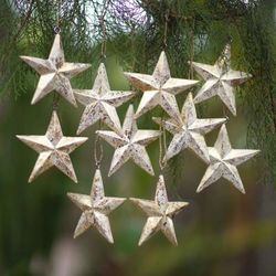 Twinkling Stars,'Set of 10 White Wood Star Ornaments with Golden Glitter'