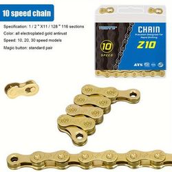 TEMU Toopre Gold Plated Bicycle Chain - 8/9/10/11/12 Speed, 116 Links, Mountain & Road Bike Compatible, Smooth Shifting, Cycling Accessory