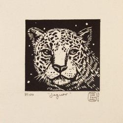 Jaguar,'Mexico 4-Inch Signed Linoleum Block Print of a Jaguar'
