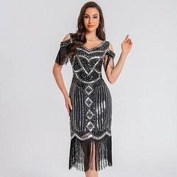 Anni Ruggenti Anni 1920 Lunghezza al ginocchio Lunghezza corta Abito Flapper Costume da festa Spalle scoperte Il grande Gatsby Invitato al matrimonio Paillettes Paillettes Nappa Scollo a V Costume