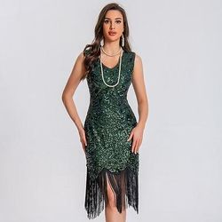 Anni Ruggenti Anni 1920 Lunghezza al ginocchio Abito Flapper Costume da festa Senza maniche Il grande Gatsby Invitato al matrimonio Paillettes Frangia con nappe Paillettes Nappa Scollo a V Costume