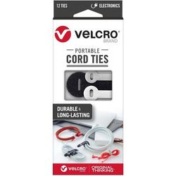 Velcro 30816 Portable Cord Ties, (4) 3" x 0.25"/ (4) 5" x 0.38"/ (4) 7" x 0.5", Black/Gray/White, 12/Pack - Pack of 12